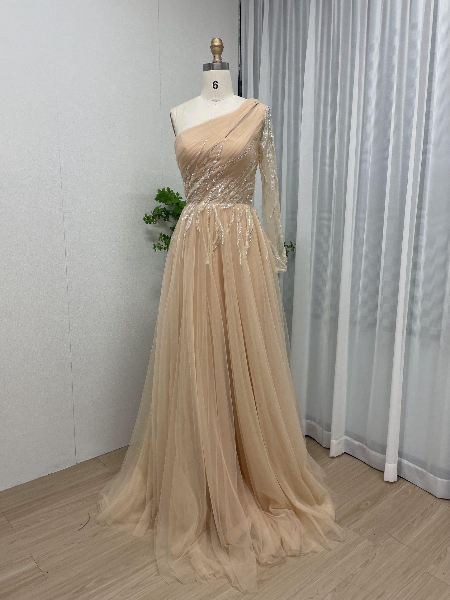 Luxury One Shoulder Ruffle Beading A Line Long Sleeve Evening Dress MB40196