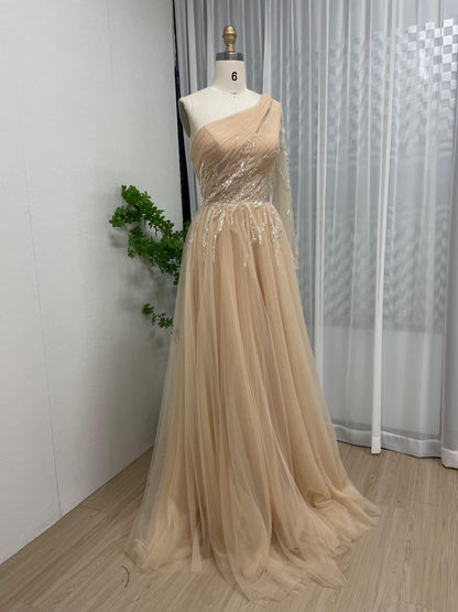 Luxury One Shoulder Ruffle Beading A Line Long Sleeve Evening Dress MB40196