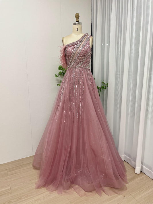 Elegant One Shoulder Sleeveless Beading A Line Puffy Pink Evening Party Dress MB40197