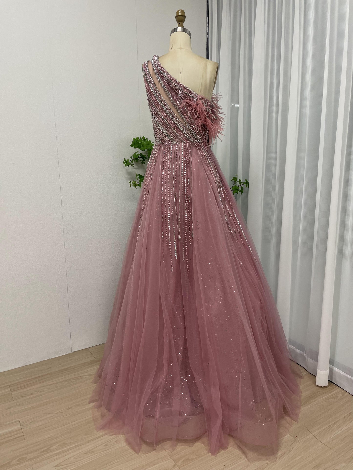 Elegant One Shoulder Sleeveless Beading A Line Puffy Pink Evening Party Dress MB40197