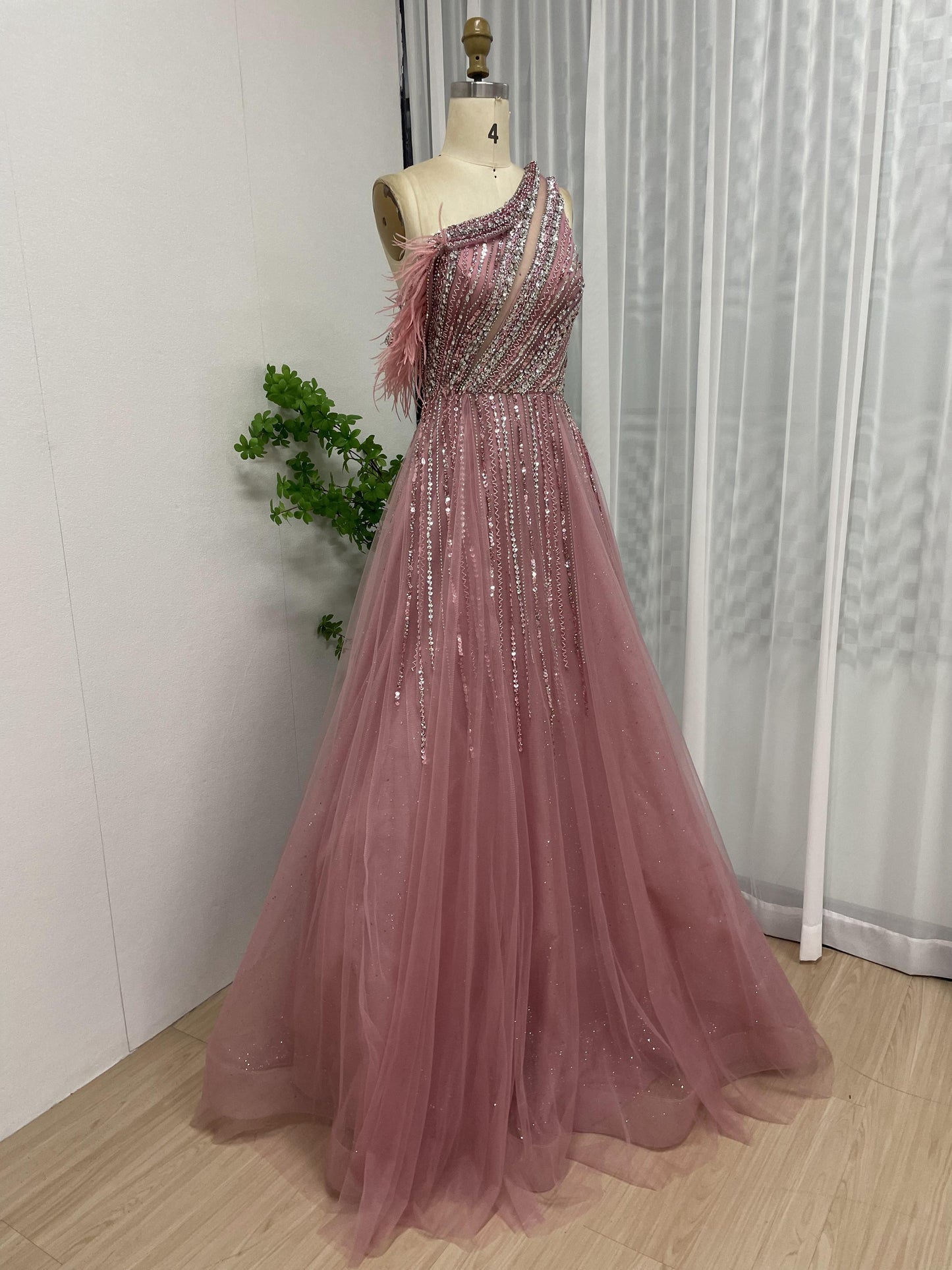 Elegant One Shoulder Sleeveless Beading A Line Puffy Pink Evening Party Dress MB40197