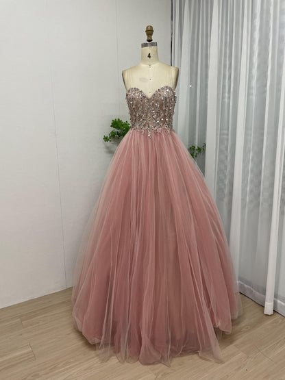 Strapless Sweetheart Corset Bodice Beading Puffy A Line Tulle Pink Birthday Party Dress MB40200