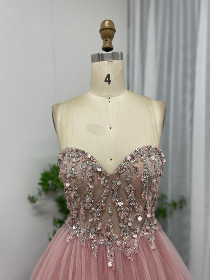 Strapless Sweetheart Corset Bodice Beading Puffy A Line Tulle Pink Birthday Party Dress MB40200