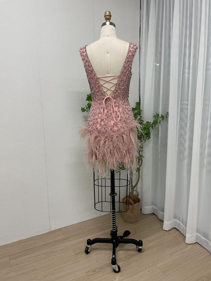 Cap Sleeve Plunging Neckline Handmade Beading Feather Skirt Short Party Dress MB40203