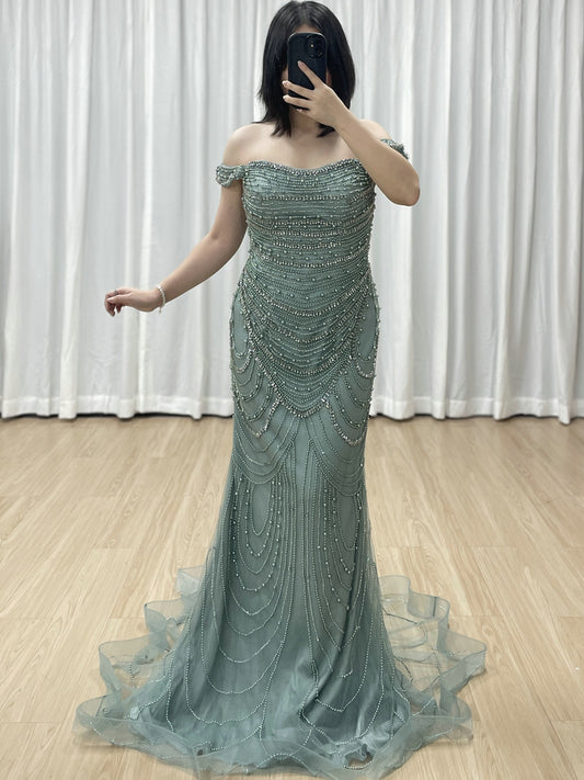 Elegant Green Mermaid Gown with Off-Shoulder and Pearl Beading MB40209-2