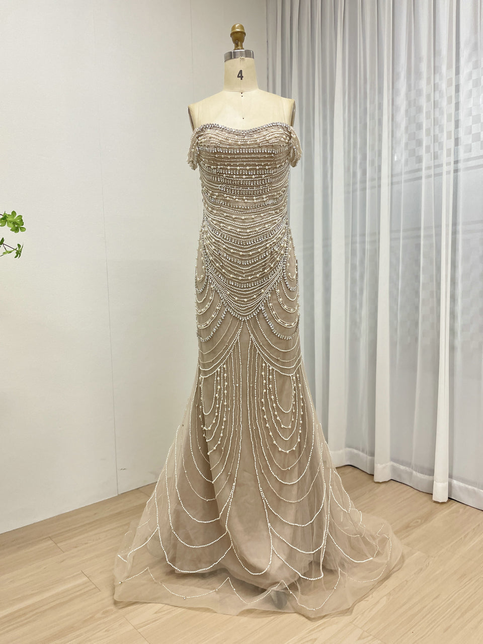 Elegant Green Mermaid Gown with Off-Shoulder and Pearl Beading MB40209-2