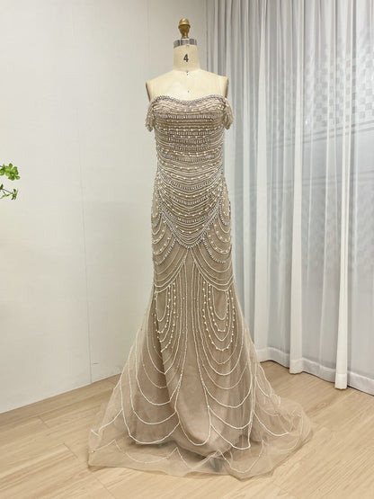 Elegant Green Mermaid Gown with Off-Shoulder and Pearl Beading MB40209-2