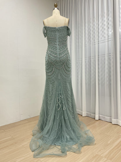 Elegant Green Mermaid Gown with Off-Shoulder and Pearl Beading MB40209-2