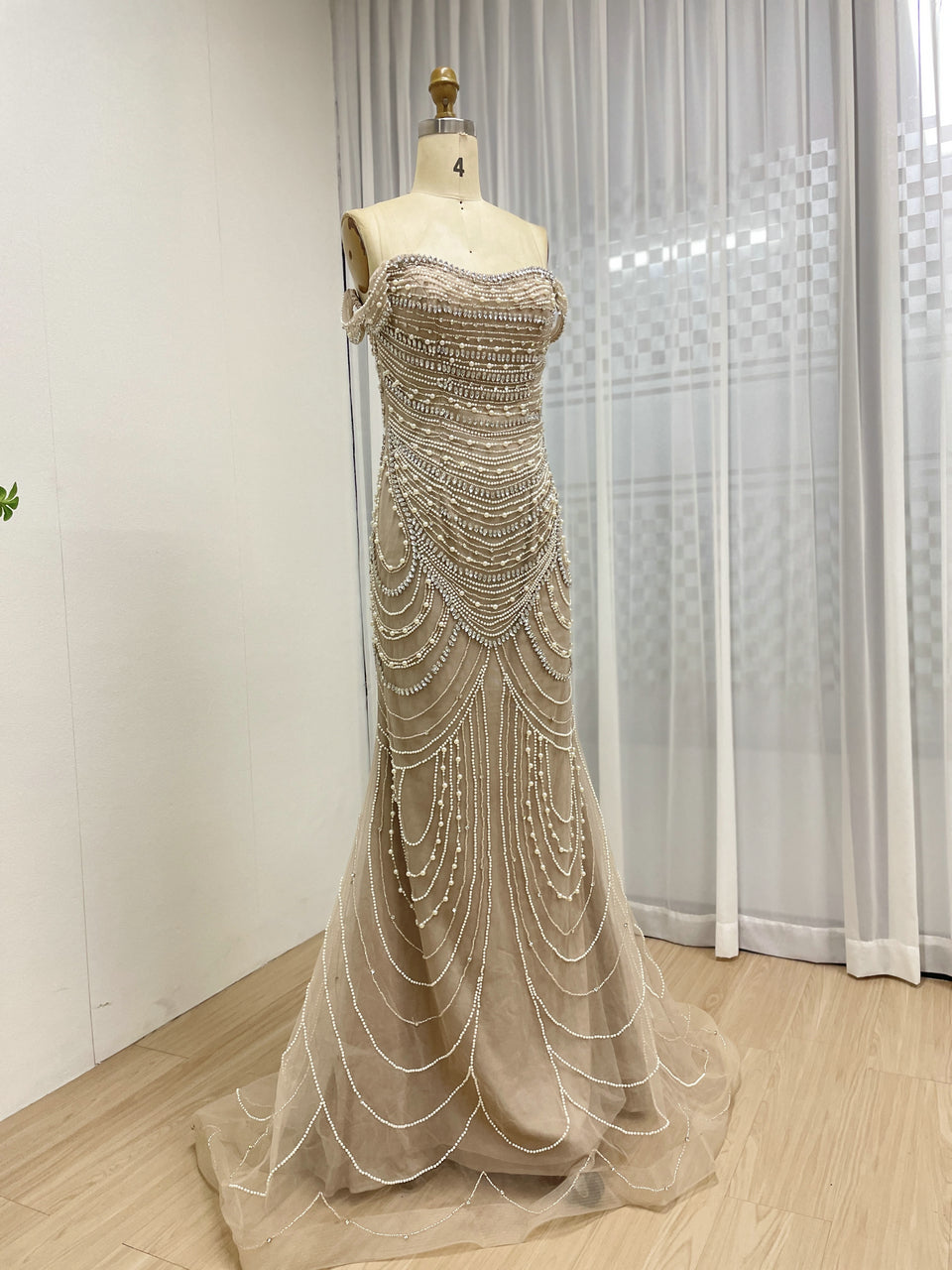 Elegant Green Mermaid Gown with Off-Shoulder and Pearl Beading MB40209-2