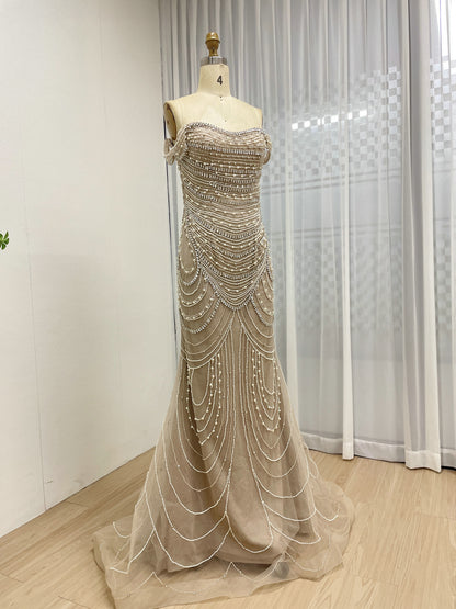 Elegant Green Mermaid Gown with Off-Shoulder and Pearl Beading MB40209-2