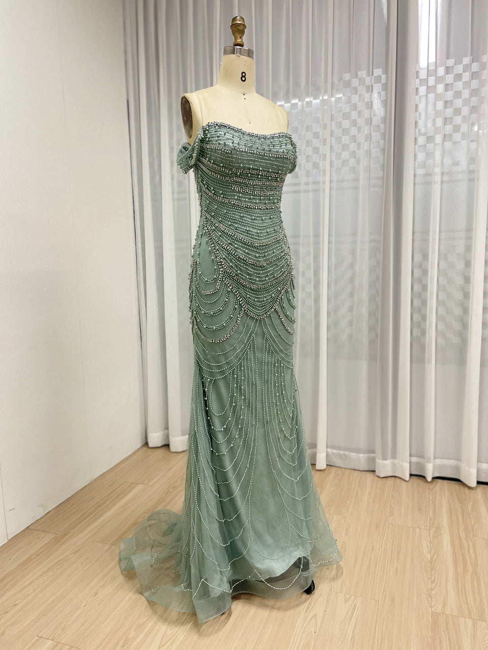 Elegant Green Mermaid Gown with Off-Shoulder and Pearl Beading MB40209-2