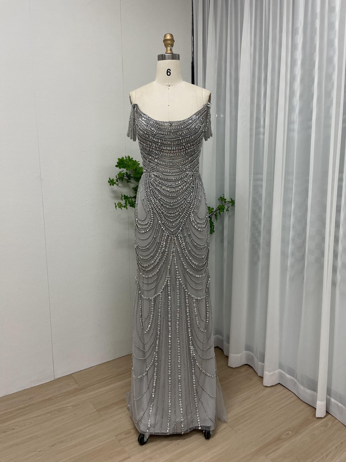 Hot Selling Off Shoulder Couture Handmade Beading Body Slim Evening Dress MB40209