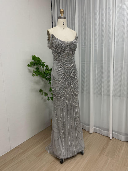 Hot Selling Off Shoulder Couture Handmade Beading Body Slim Evening Dress MB40209