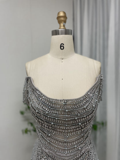 Hot Selling Off Shoulder Couture Handmade Beading Body Slim Evening Dress MB40209