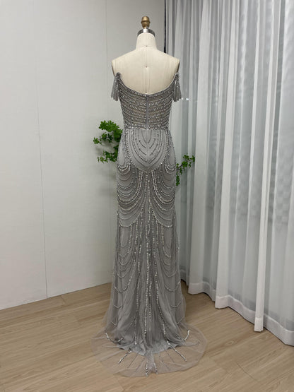 Hot Selling Off Shoulder Couture Handmade Beading Body Slim Evening Dress MB40209