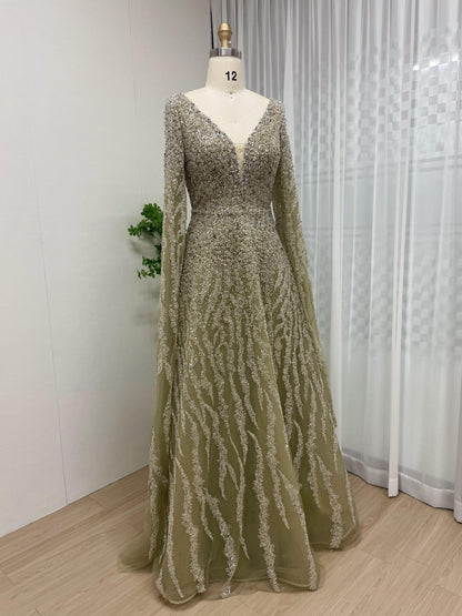 Glamorous Plunging Neck Beading Lace A Line Puffy Cape Long Sleeve Wedding Party Formal Dress MB40210