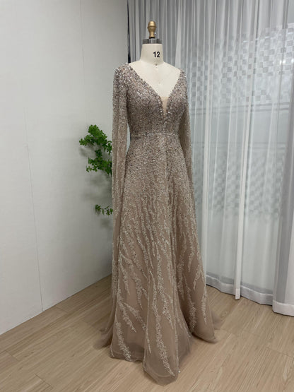 Glamorous Plunging Neck Beading Lace A Line Puffy Cape Long Sleeve Wedding Party Formal Dress MB40210