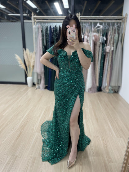 Magnificent Off Shoulder Corset Bodice High Split Green Evening Dress MB40211