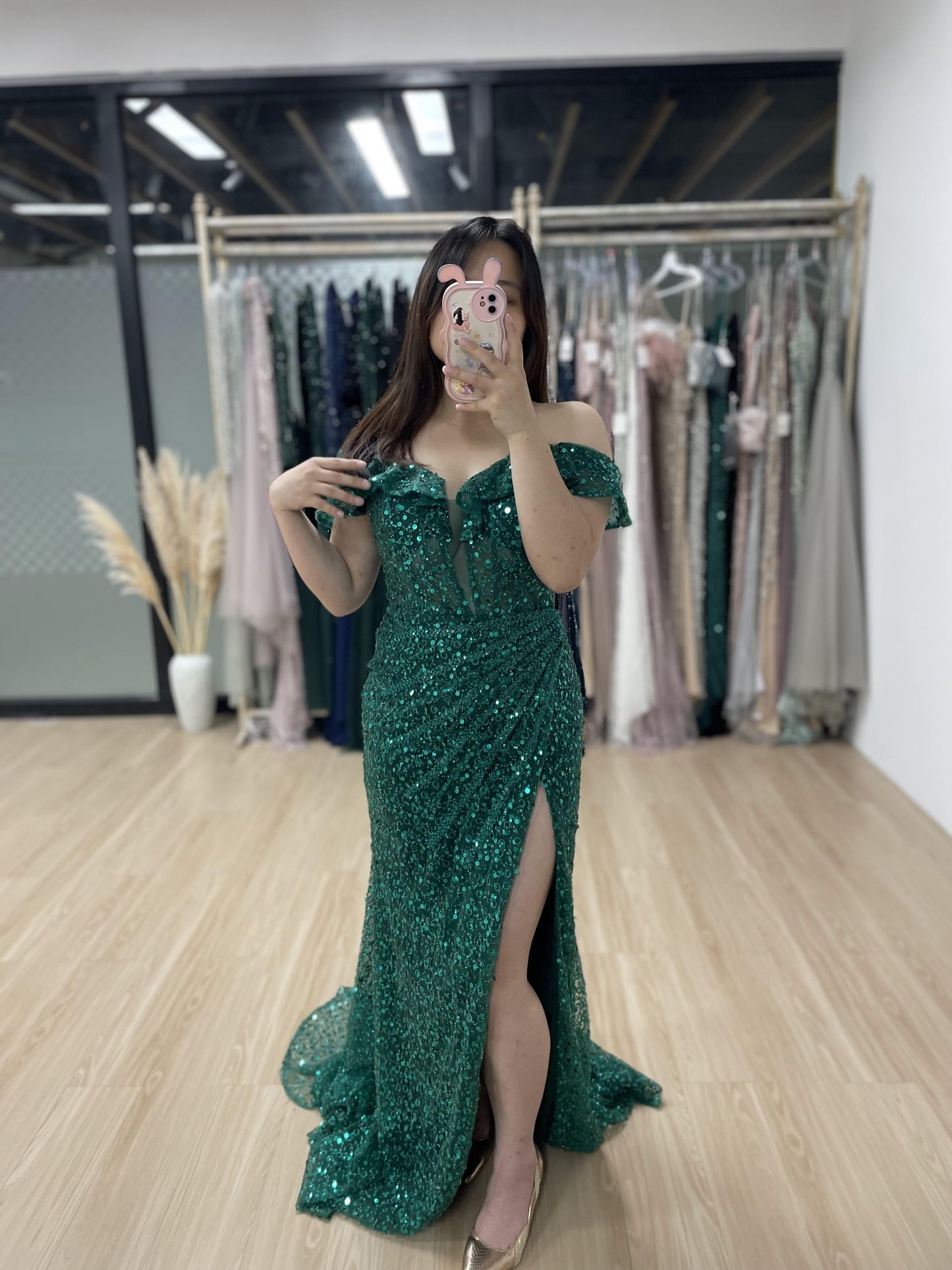 Magnificent Off Shoulder Corset Bodice High Split Green Evening Dress MB40211