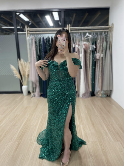 Magnificent Off Shoulder Corset Bodice High Split Green Evening Dress MB40211