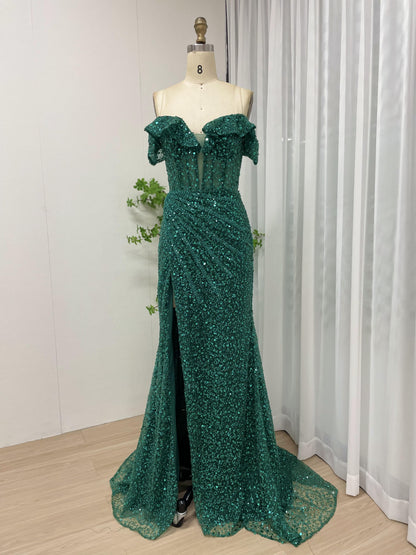 Magnificent Off Shoulder Corset Bodice High Split Green Evening Dress MB40211