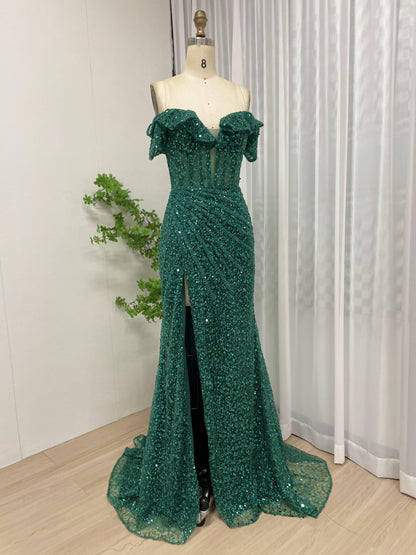 Magnificent Off Shoulder Corset Bodice High Split Green Evening Dress MB40211