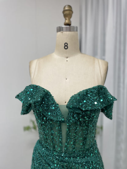 Magnificent Off Shoulder Corset Bodice High Split Green Evening Dress MB40211