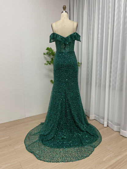 Magnificent Off Shoulder Corset Bodice High Split Green Evening Dress MB40211