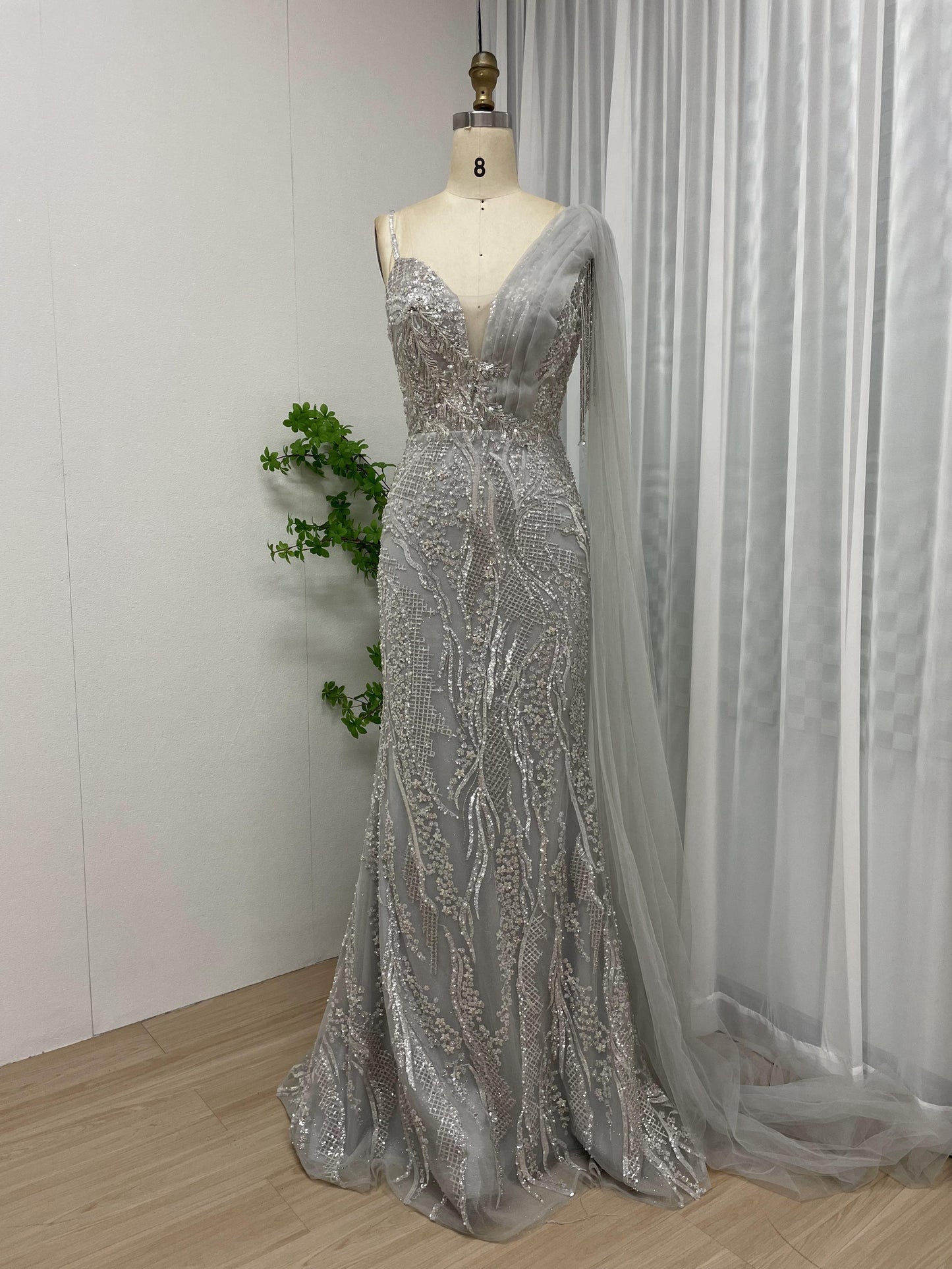 Dramatic One Shoulder Beading Lace Mermaid Cape Long Sleeve Red Carpet Formal Evening Dress MB40212