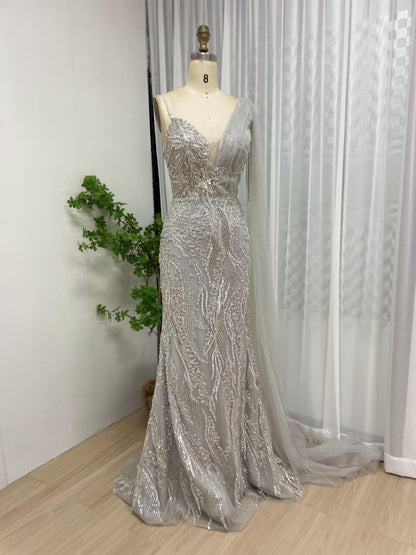 Dramatic One Shoulder Beading Lace Mermaid Cape Long Sleeve Red Carpet Formal Evening Dress MB40212