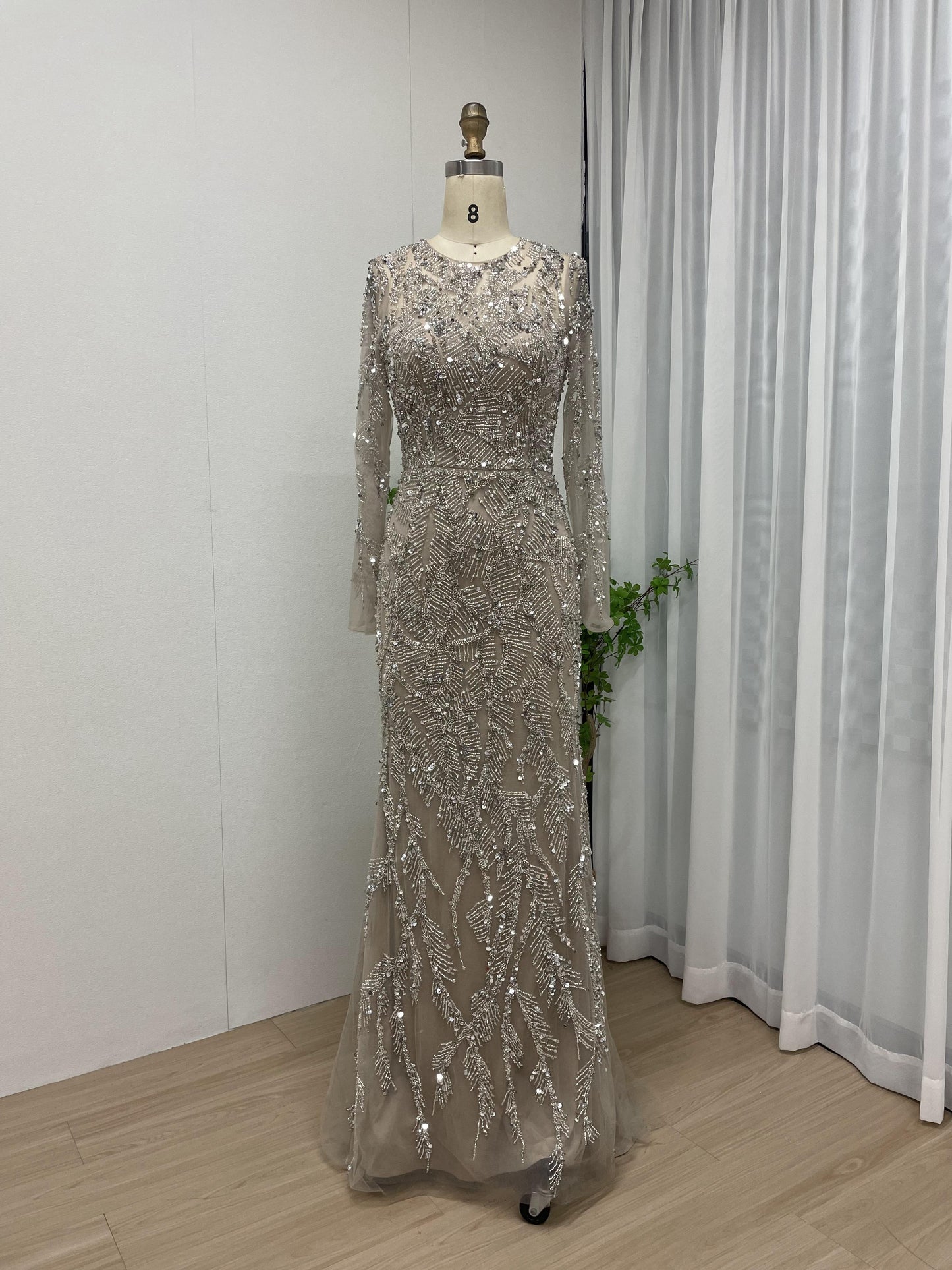 Luxury Handmade Beading Long Sleeve Wedding Party Evening Dress With Overskirt MB40214