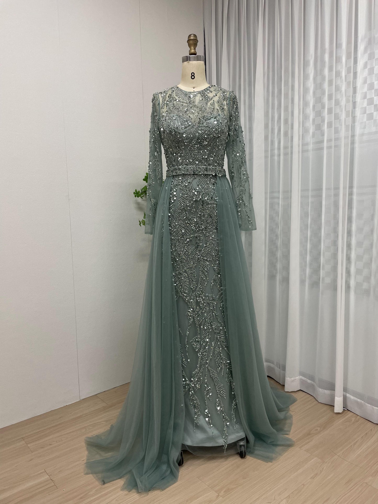 Luxury Handmade Beading Long Sleeve Wedding Party Evening Dress With Overskirt MB40214