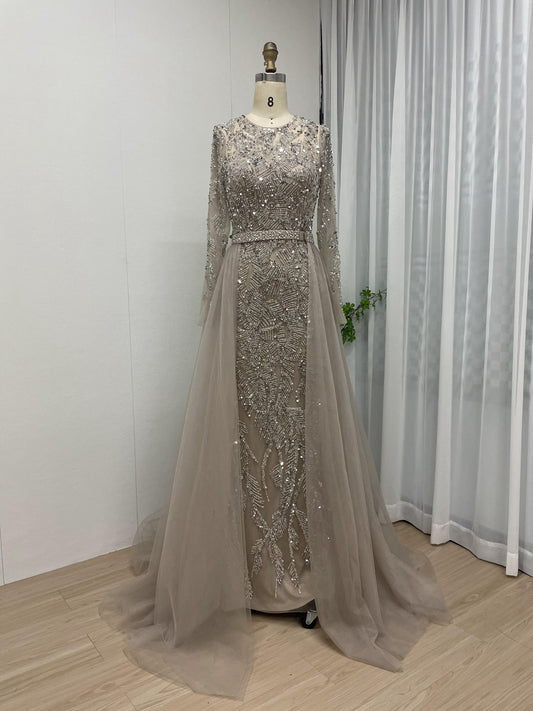 Luxury Handmade Beading Long Sleeve Wedding Party Evening Dress With Overskirt MB40214