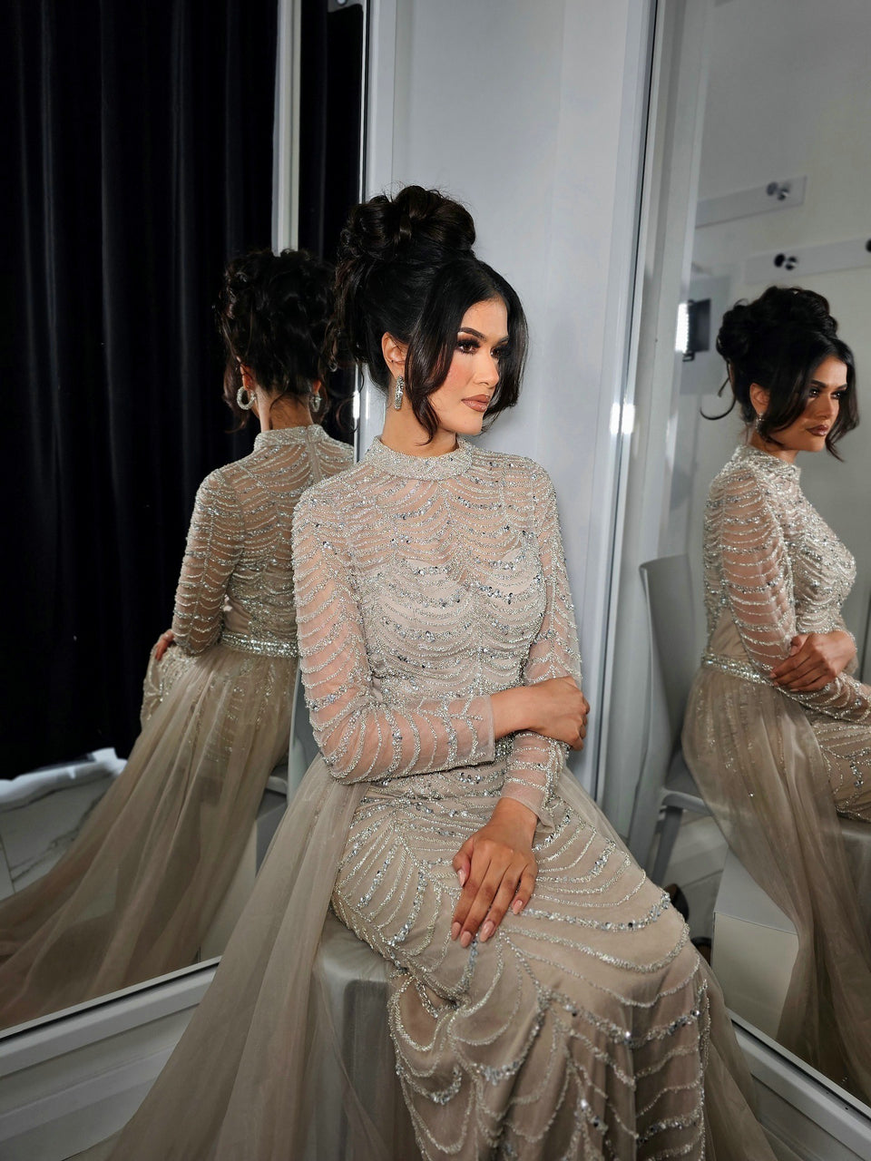 Hot Selling Handmade Beading Long Sleeve Wedding Party Evening Gown With Overskirt MB40215