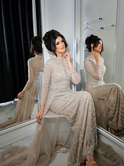 Hot Selling Handmade Beading Long Sleeve Wedding Party Evening Gown With Overskirt MB40215