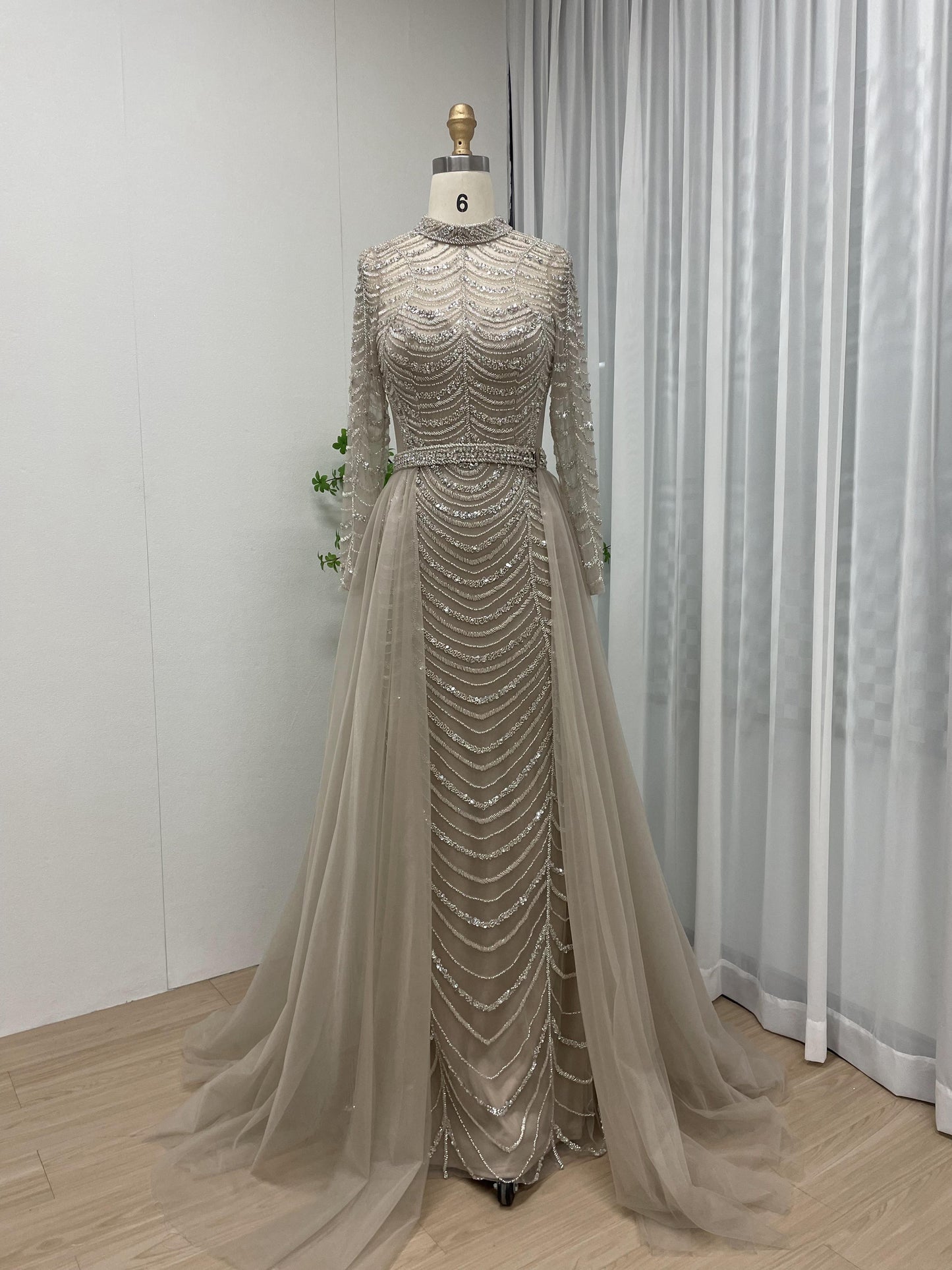 Hot Selling Handmade Beading Long Sleeve Wedding Party Evening Gown With Overskirt MB40215