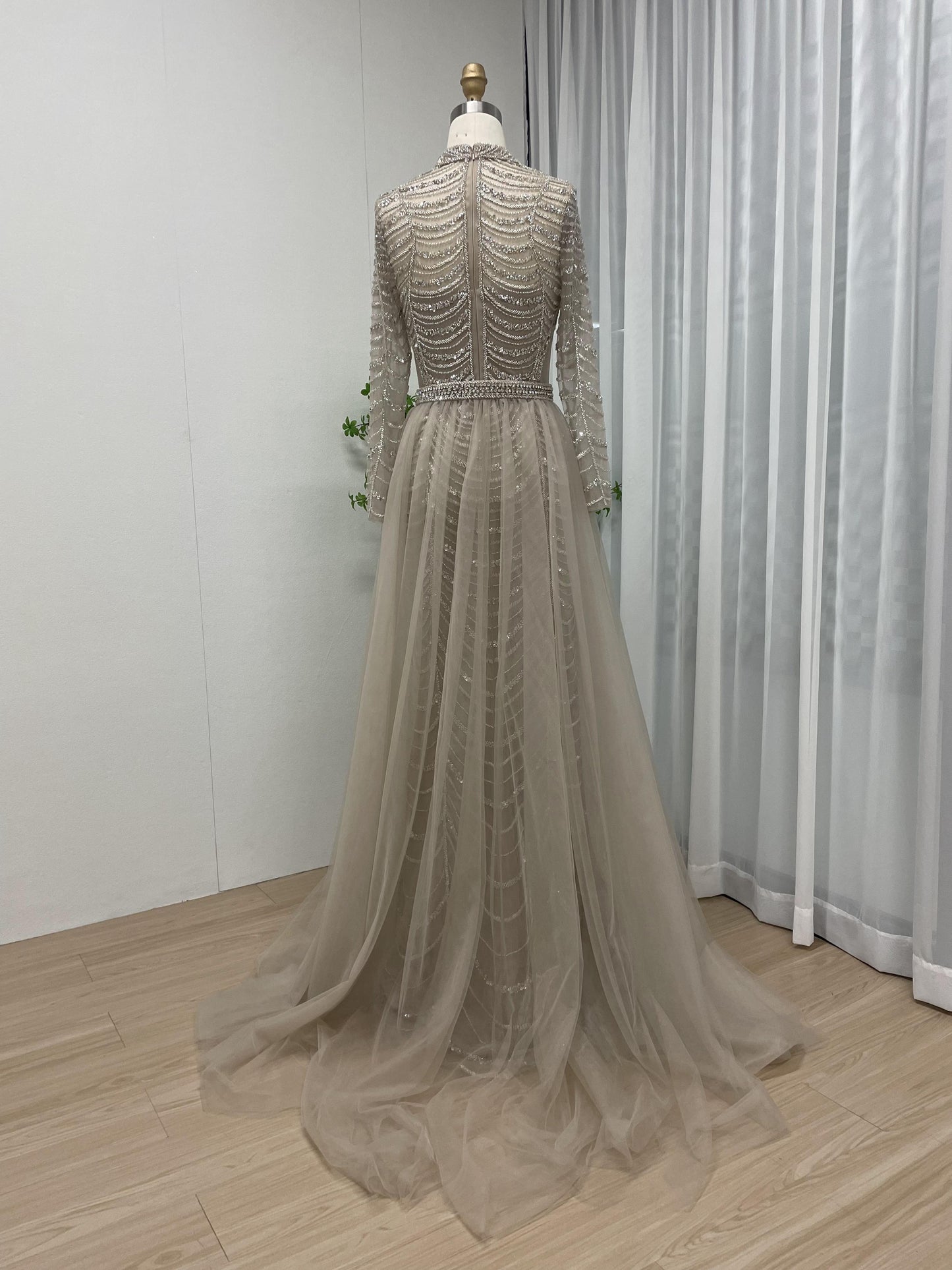 Hot Selling Handmade Beading Long Sleeve Wedding Party Evening Gown With Overskirt MB40215