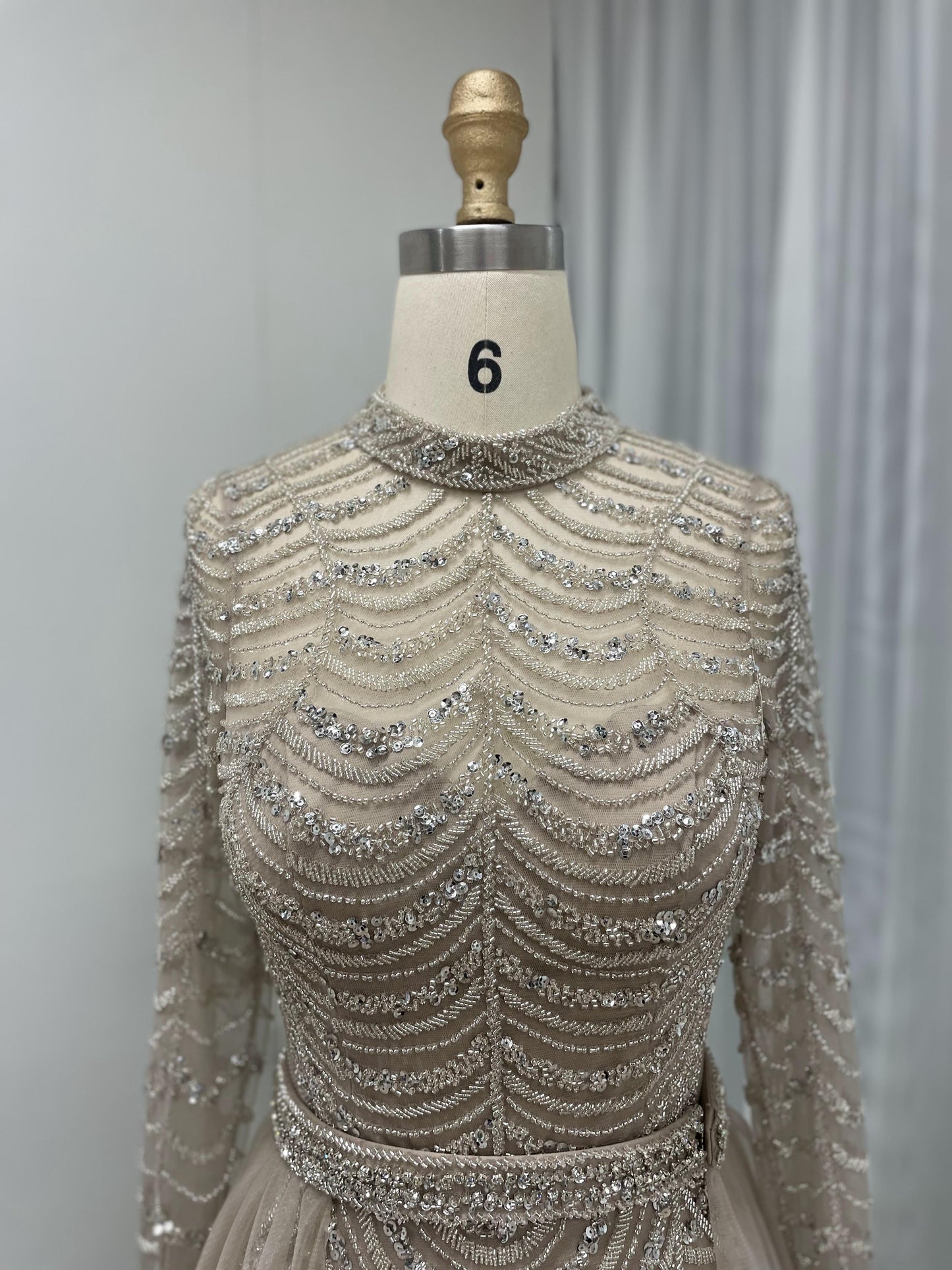 Hot Selling Handmade Beading Long Sleeve Wedding Party Evening Gown With Overskirt MB40215