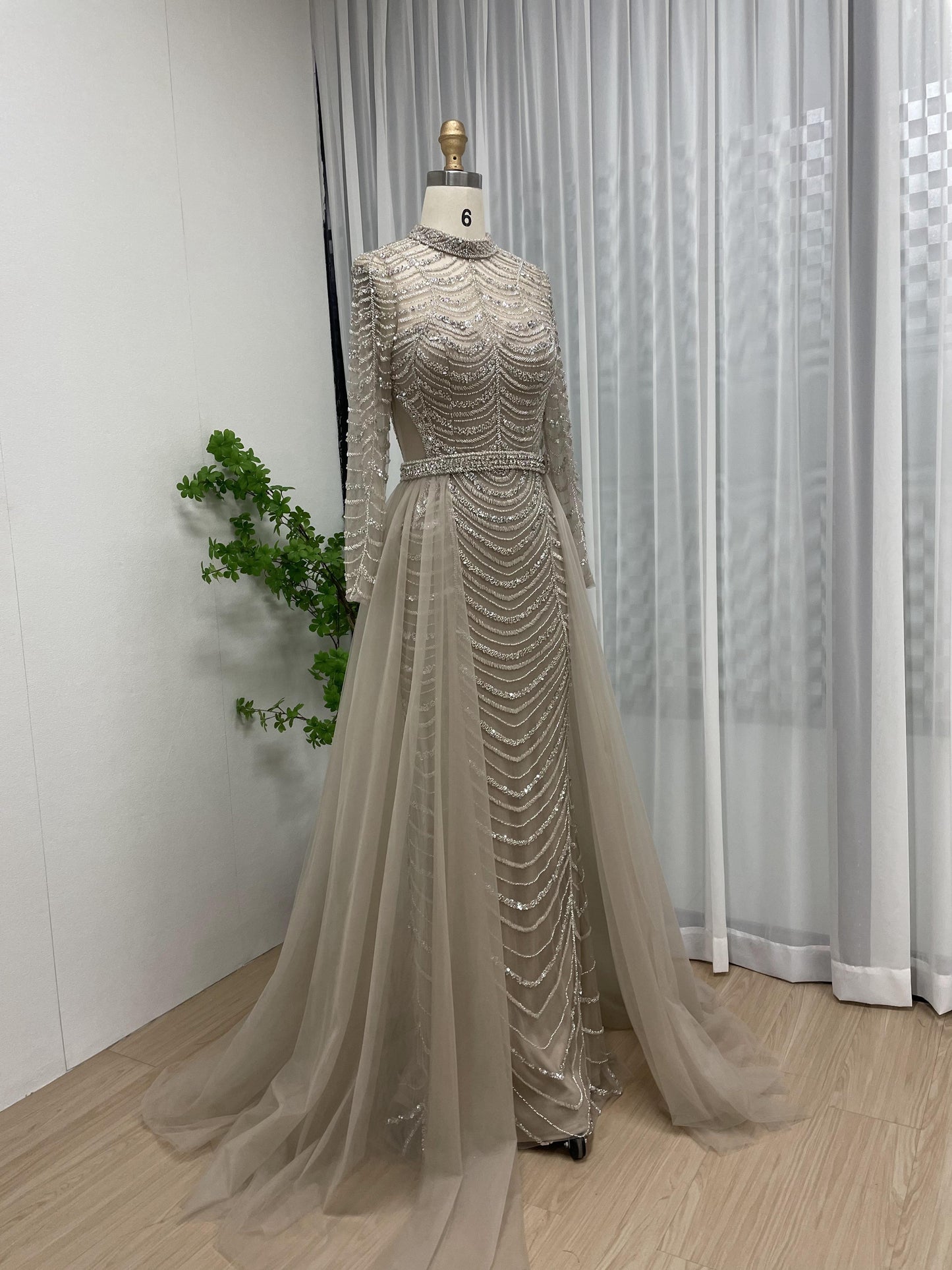 Hot Selling Handmade Beading Long Sleeve Wedding Party Evening Gown With Overskirt MB40215