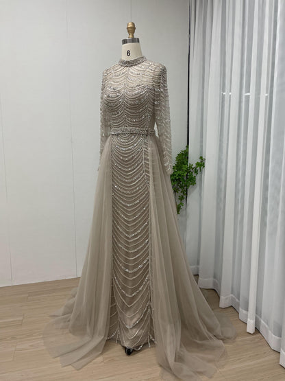 Hot Selling Handmade Beading Long Sleeve Wedding Party Evening Gown With Overskirt MB40215