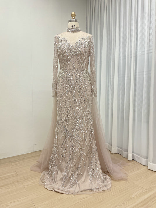 Luxury Evening Gown Suitable for Banquet Embellished Exquisite Embroidery Crystal With Detachable Back Train MB40216-3