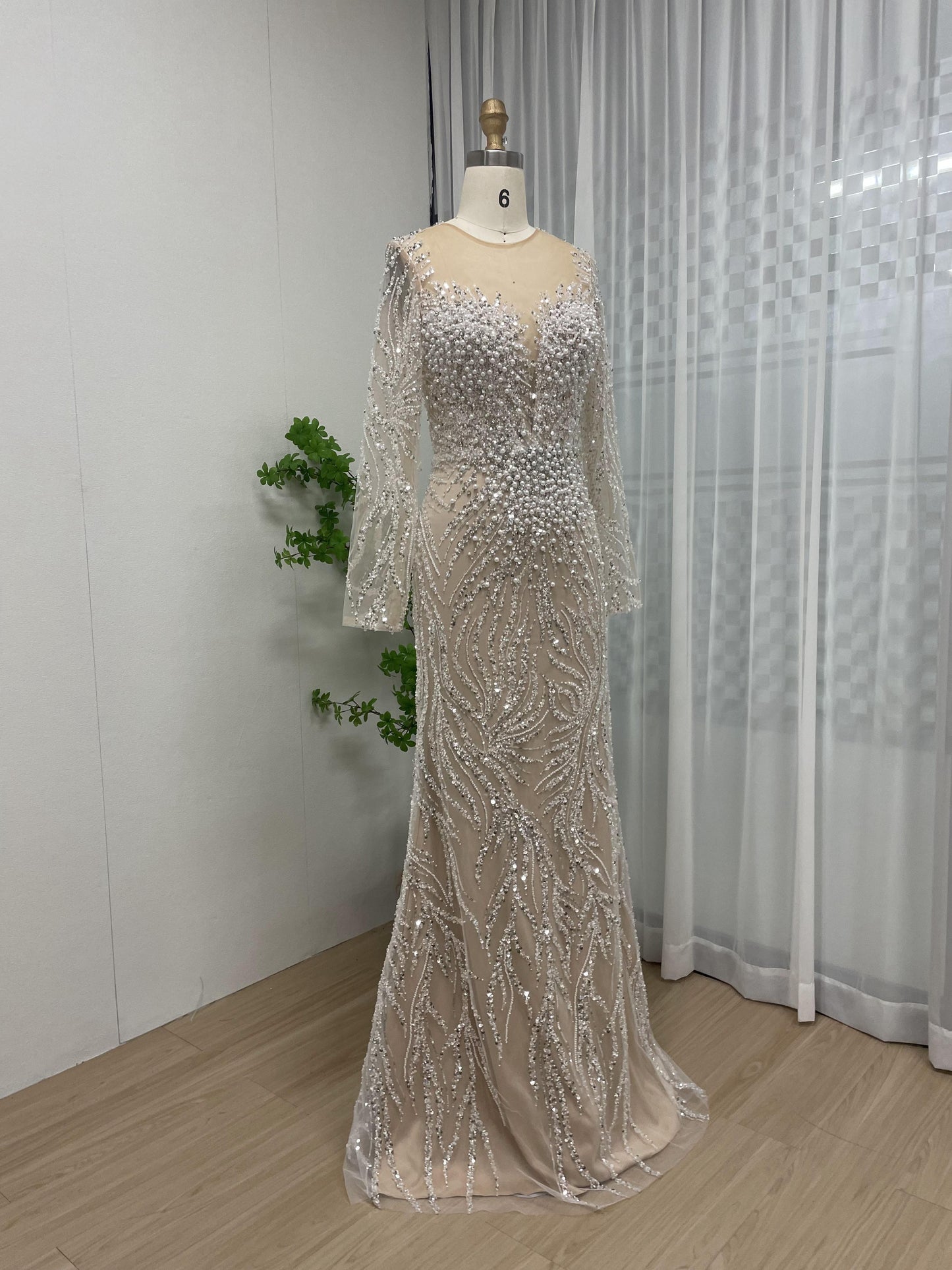 Elegant Sheer Beading Neck Long Sleeve Ivory Nude Evening Dress MB40216