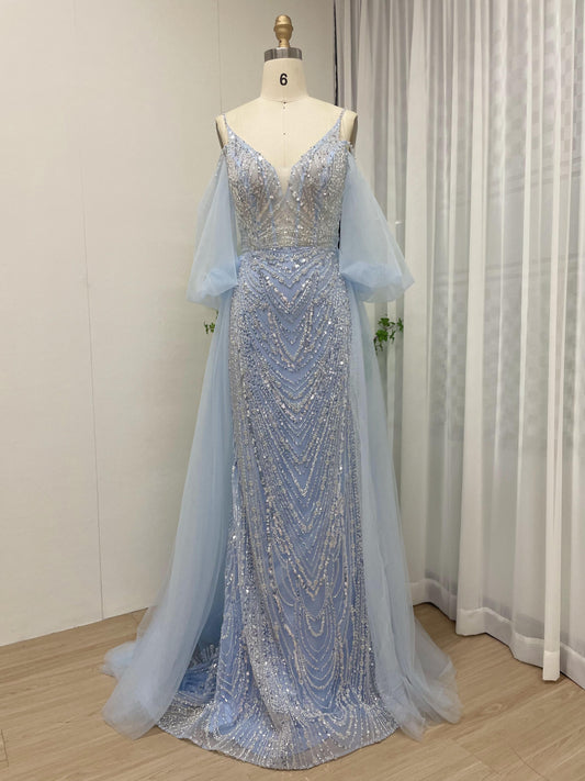 Exquisite Spaghetti Strap Beading Lace Light Blue Evening Party Dress MB40217