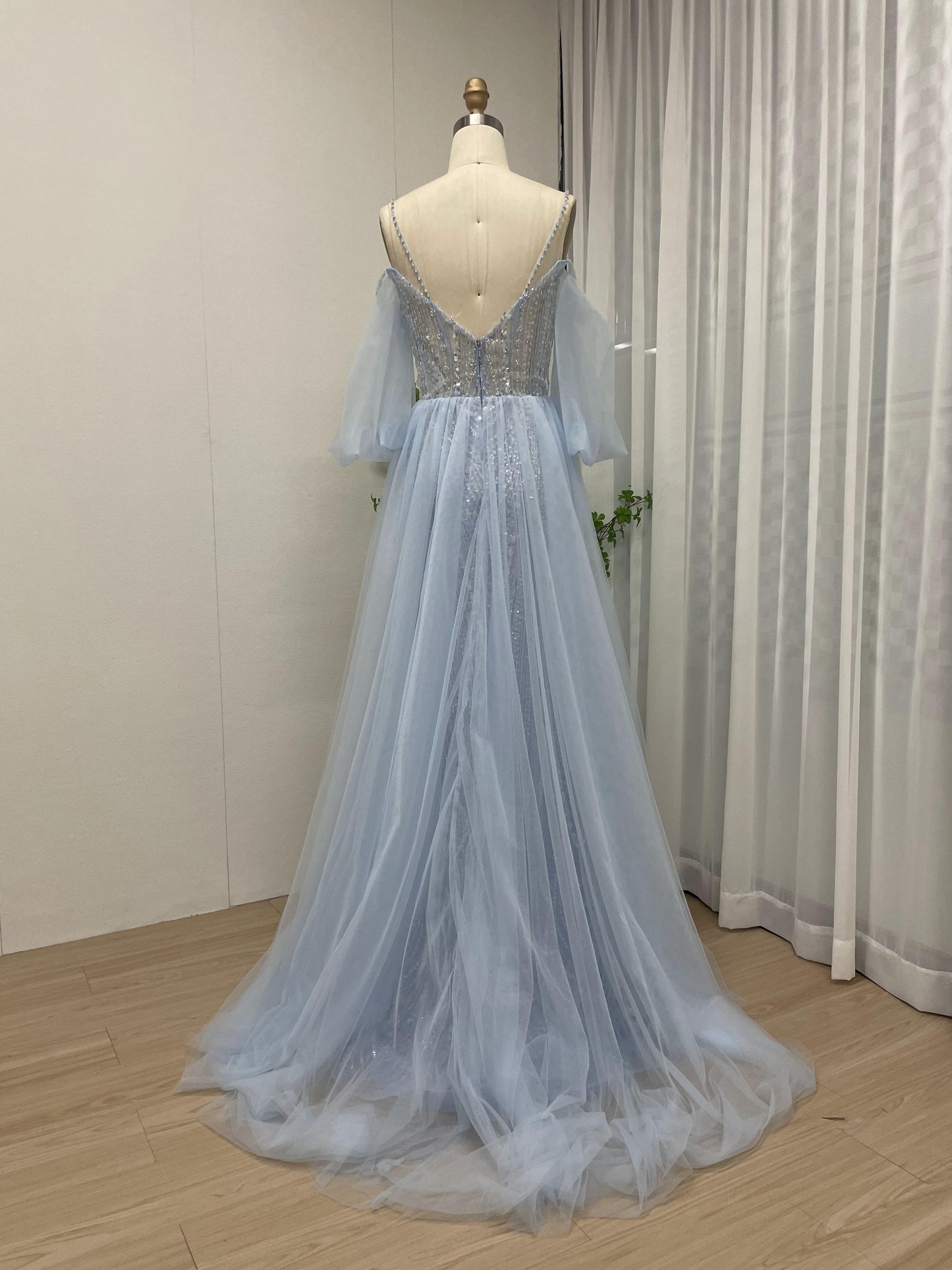 Exquisite Spaghetti Strap Beading Lace Light Blue Evening Party Dress MB40217