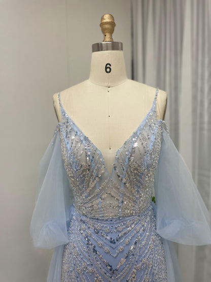 Exquisite Spaghetti Strap Beading Lace Light Blue Evening Party Dress MB40217