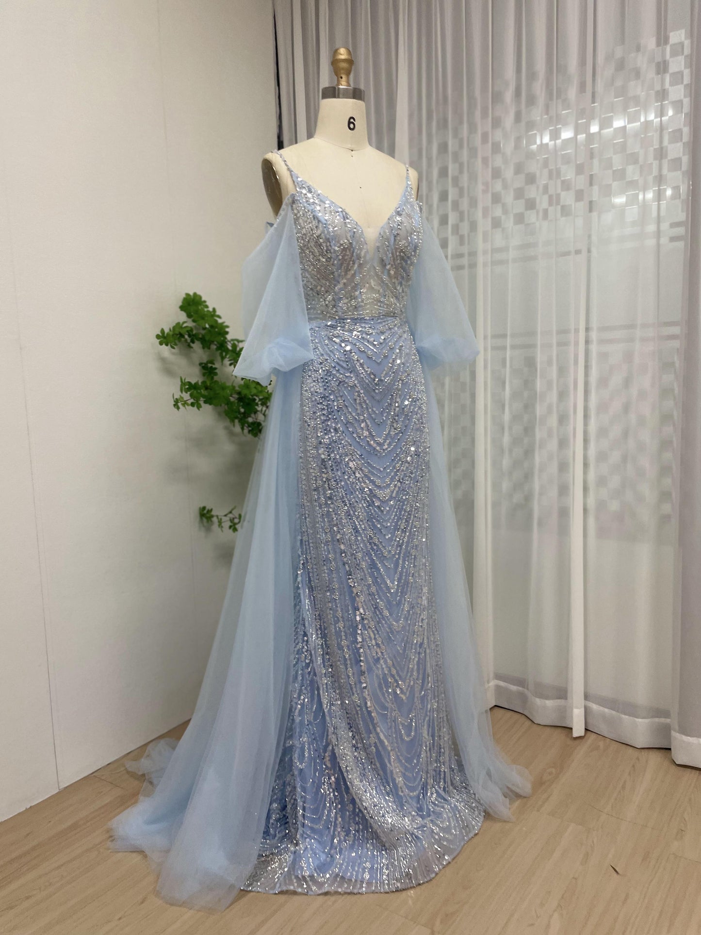 Exquisite Spaghetti Strap Beading Lace Light Blue Evening Party Dress MB40217