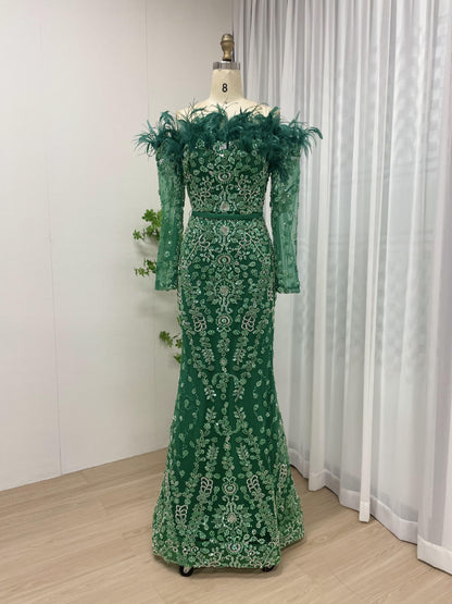 Exclusive Off Shoulder Feather Embelished Green Wedding Party Formal Dress MB40219