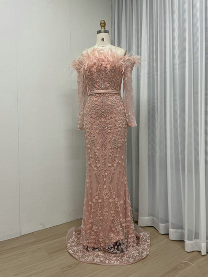 Exclusive Off Shoulder Feather Embelished Green Wedding Party Formal Dress MB40219