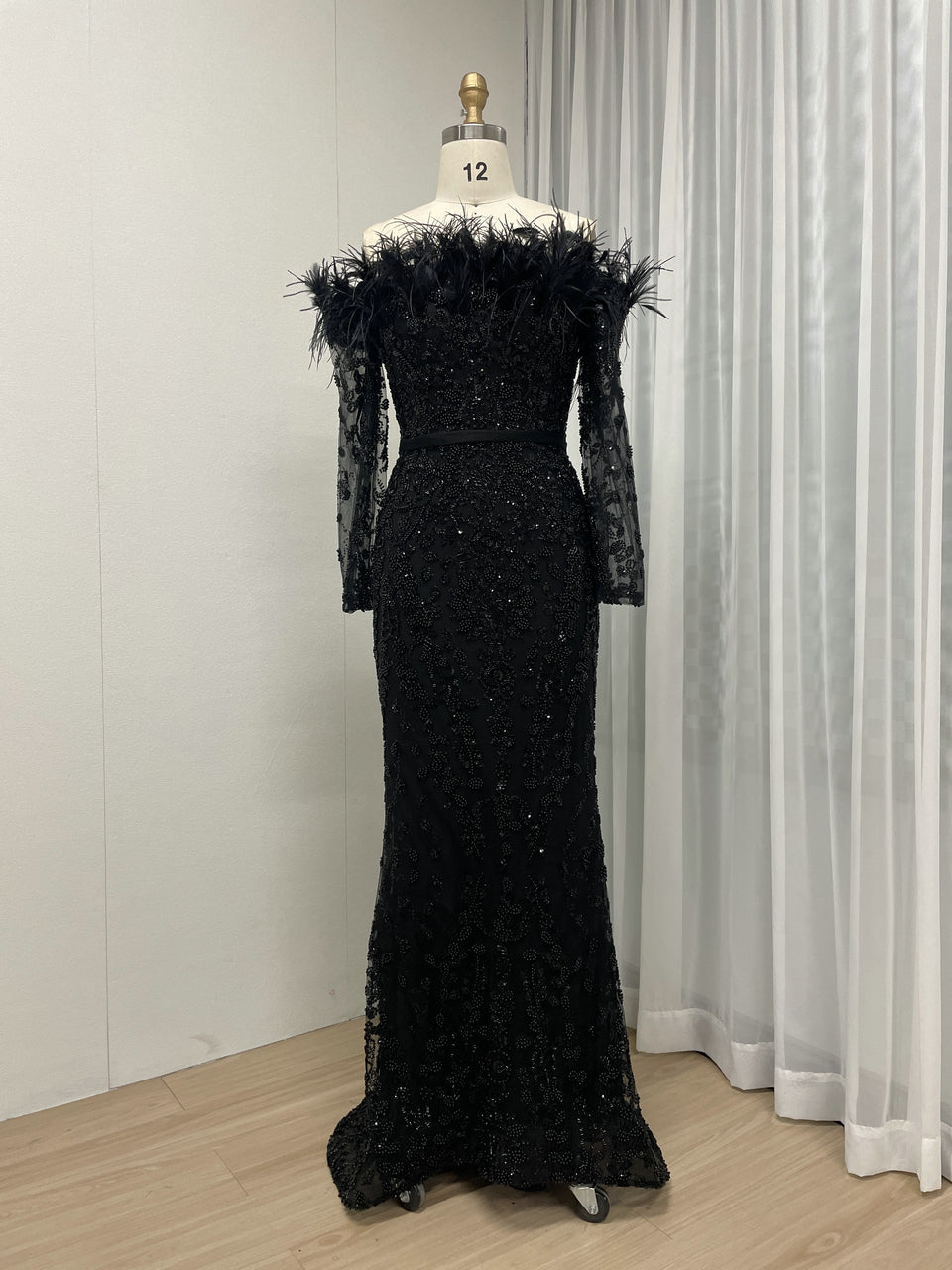 Exclusive Off Shoulder Feather Embelished Green Wedding Party Formal Dress MB40219