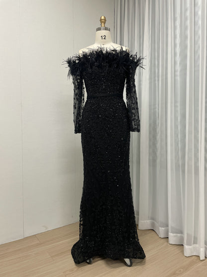 Exclusive Off Shoulder Feather Embelished Green Wedding Party Formal Dress MB40219